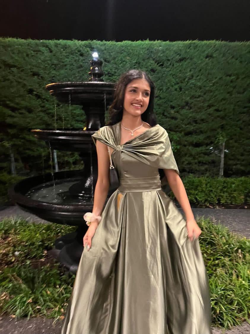 Customer photo review of Olive Green Satin Princess Floor-Length Prom Dress