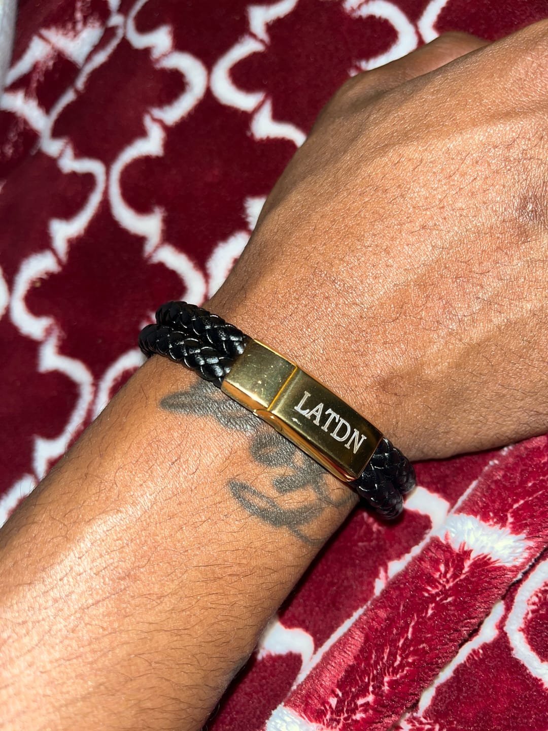 Customer photo review of Engraved Leather Bracelet