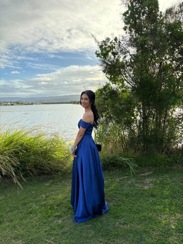 Customer photo review of Victoria Satin Gown - Cobalt