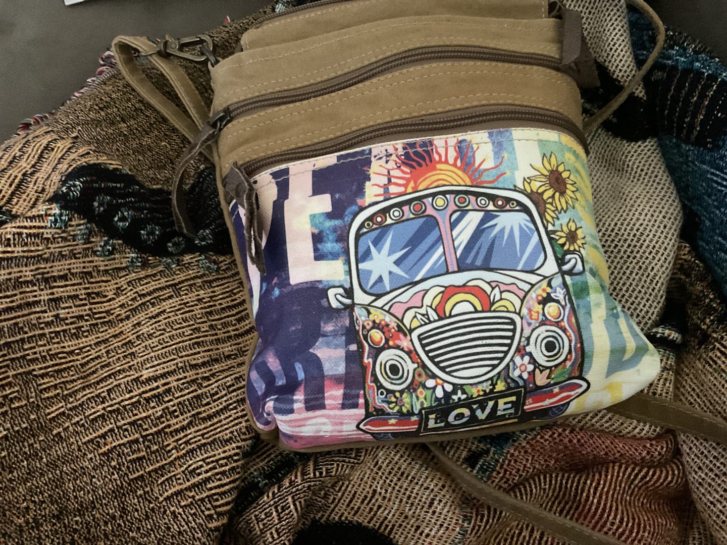 Customer photo review of Peace Love Bus Crossbody Bag