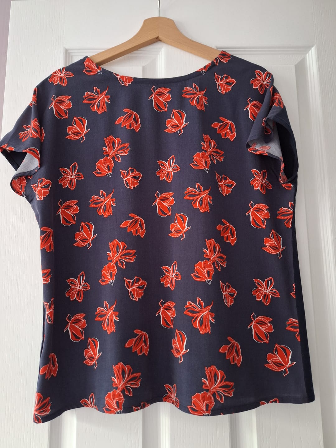 Customer photo review of Red Floral on Navy Viscose Challis Fabric