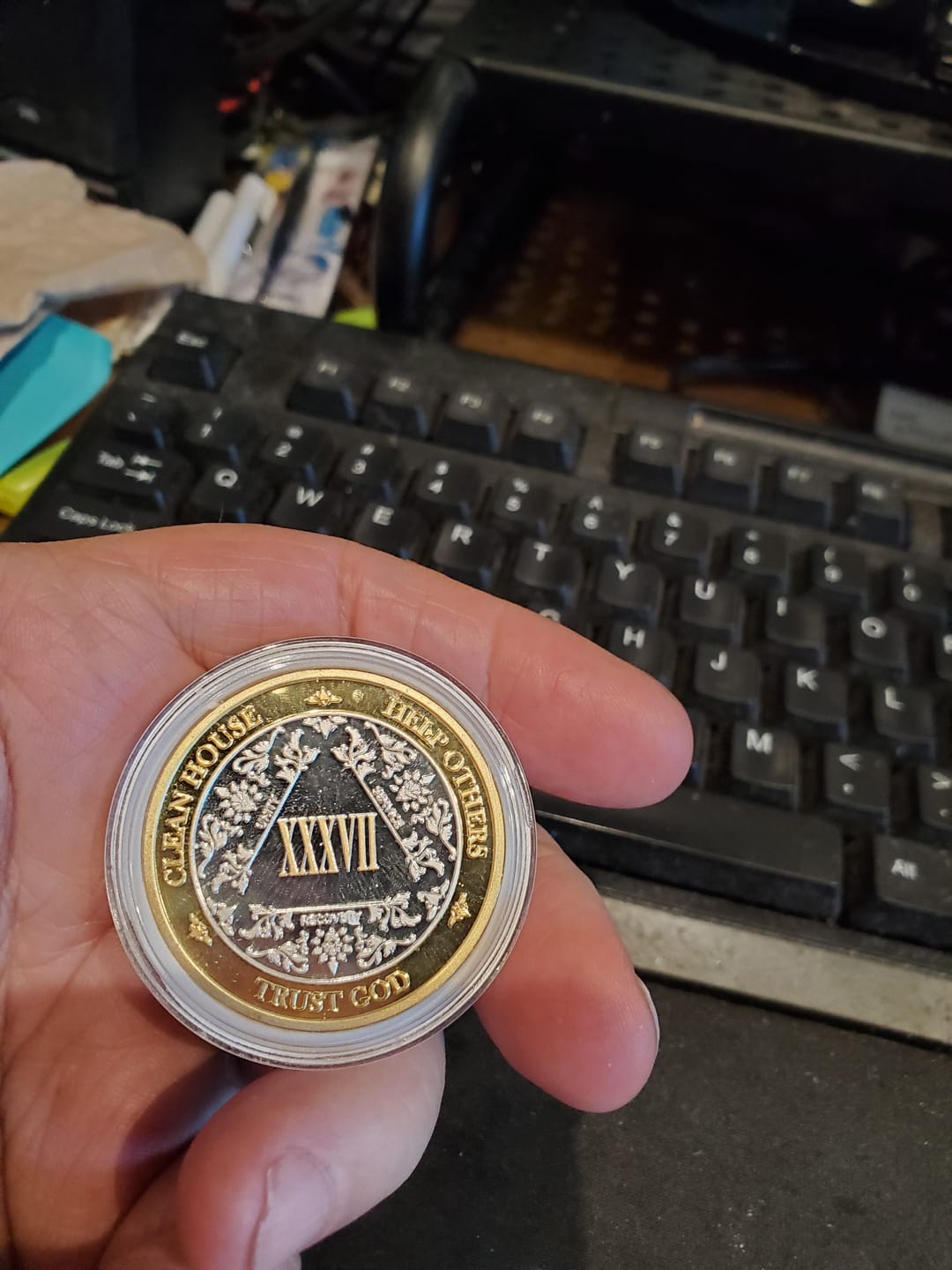 Customer photo review of 30 Year Sobriety Mint Twisted Tree of Life Gold Plated AA Recovery Medallion - Thirty Year Chip/Coin - Black