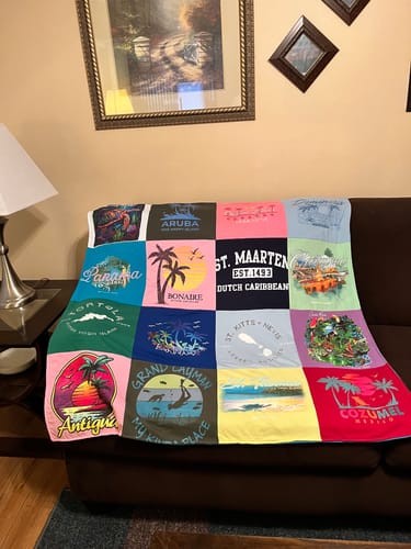 T-shirt quilt with travel, beach themes by Fran from FL