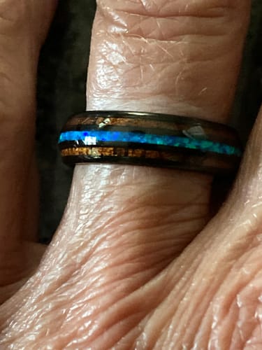 Customer photo review of Black Tungsten Opal Koa Wood Ring Barrel Shape 6mm Band