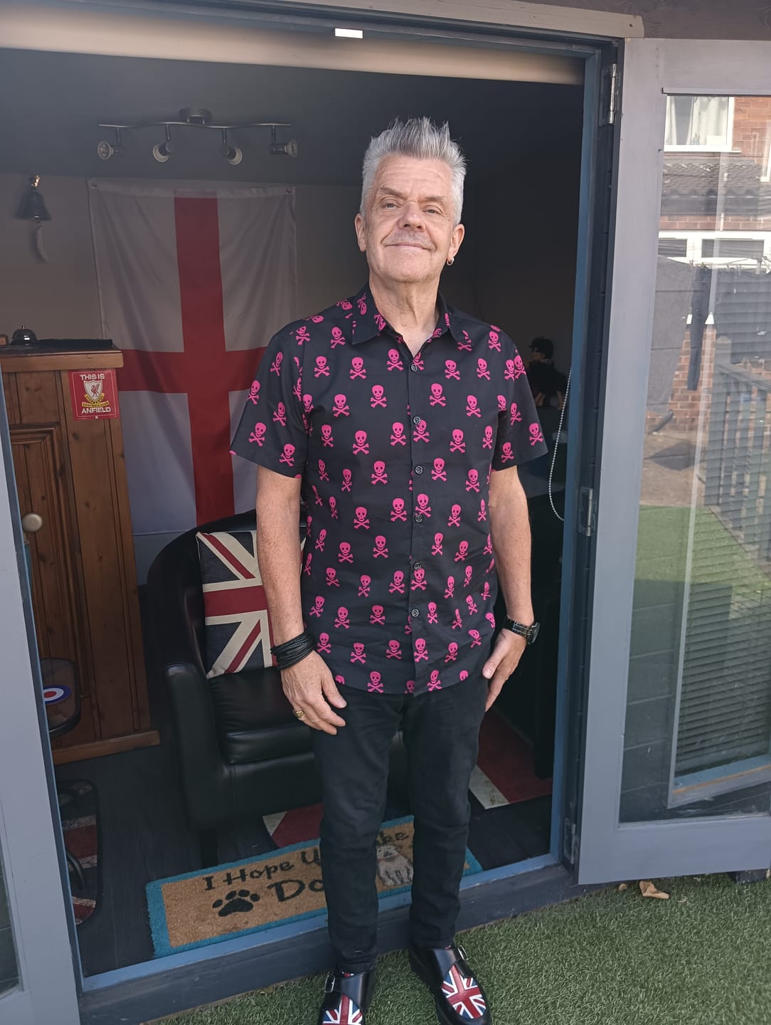 Customer photo review of Men's Pink Skull Punk Rock Holiday Cotton Breathable Cool Summer Short Sleeve Shirt