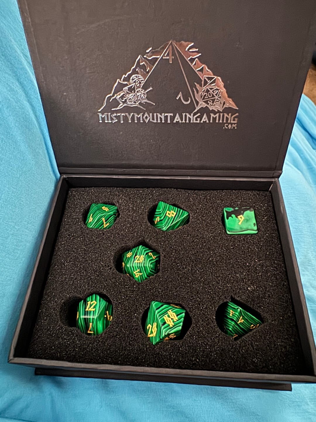Customer photo review of Malachite Stone Dice Set