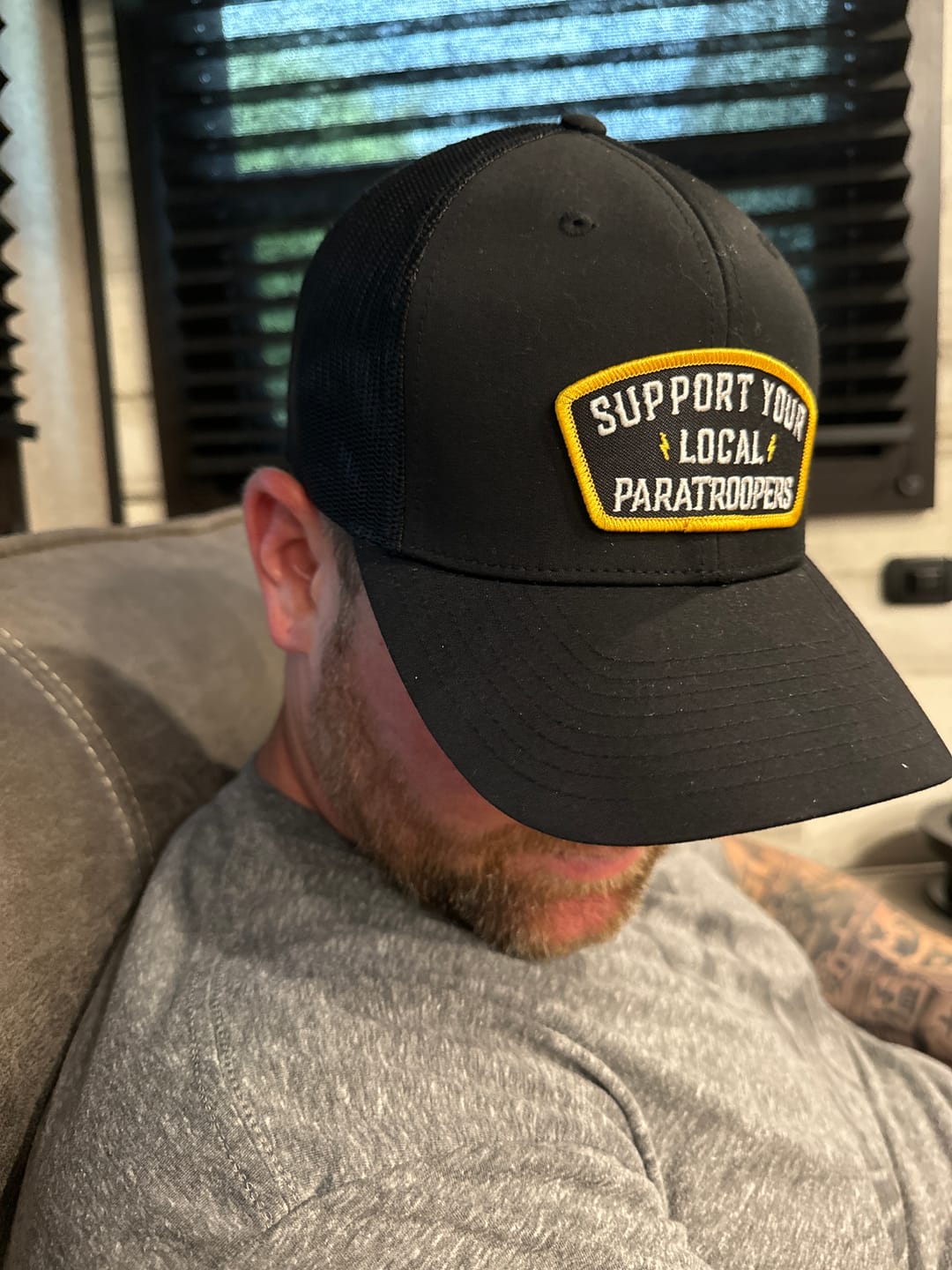 Customer photo review of Support Your Local Paratroopers Patch Trucker Hat