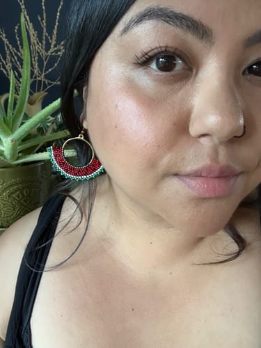 Customer photo review of Watermelon Solidarity Beaded Hoops