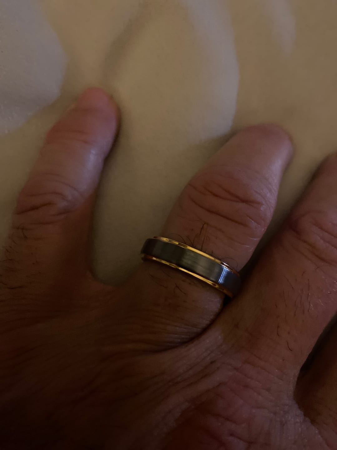Customer photo review of 6mm Silver and Gold Brushed Tungsten Carbide Wedding Ring