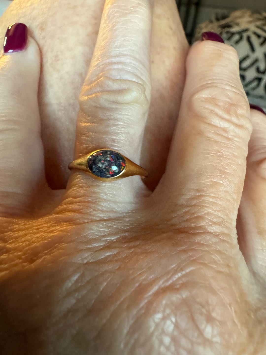 Customer photo review of Golden Oval Ring with Cremation Ashes