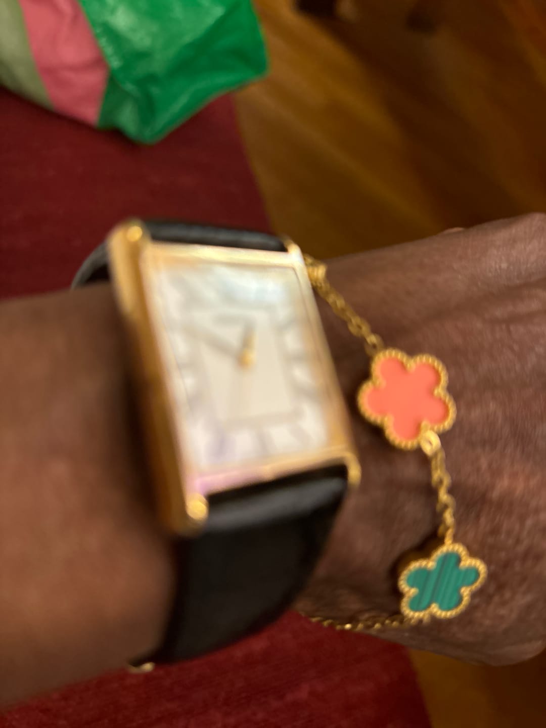 Customer photo review of Kaitlin Flower Clover Pink and Green Gold Bracelet