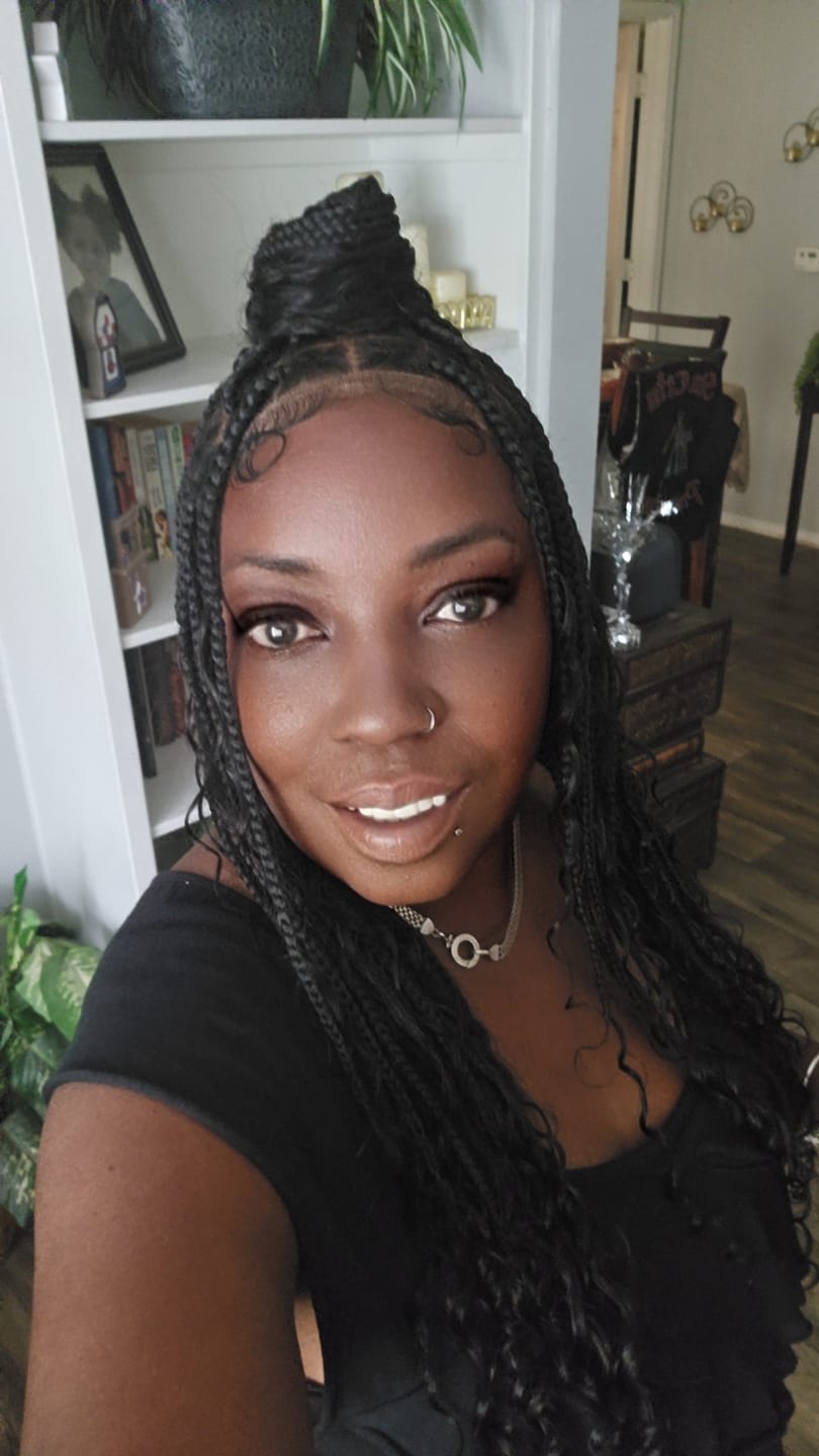 Customer photo review of 36" Human Hair Boho Curls Swiss HD Lace Knotless Box Braided Wig Full Hand-tied - Human Baby Hair