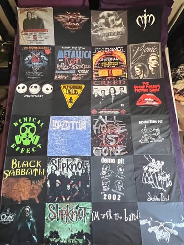 T-shirt quilt with music, rock themes by Barbara from CA