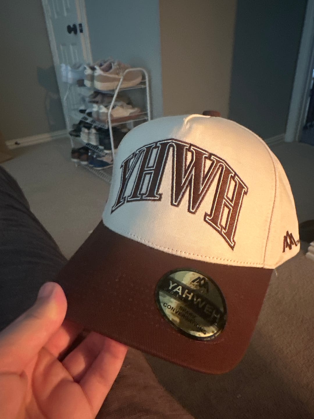 Customer photo review of ‘YHWH’ Structured SnapBack - Cream/Brown