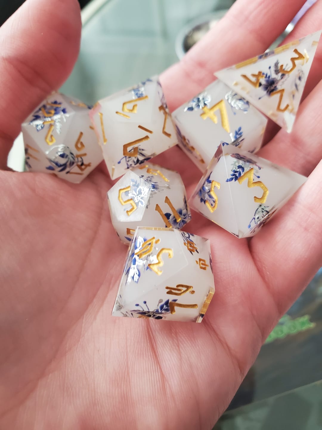Customer photo review of Earl Grey Lavender Sharp-Edged Resin Dice Set