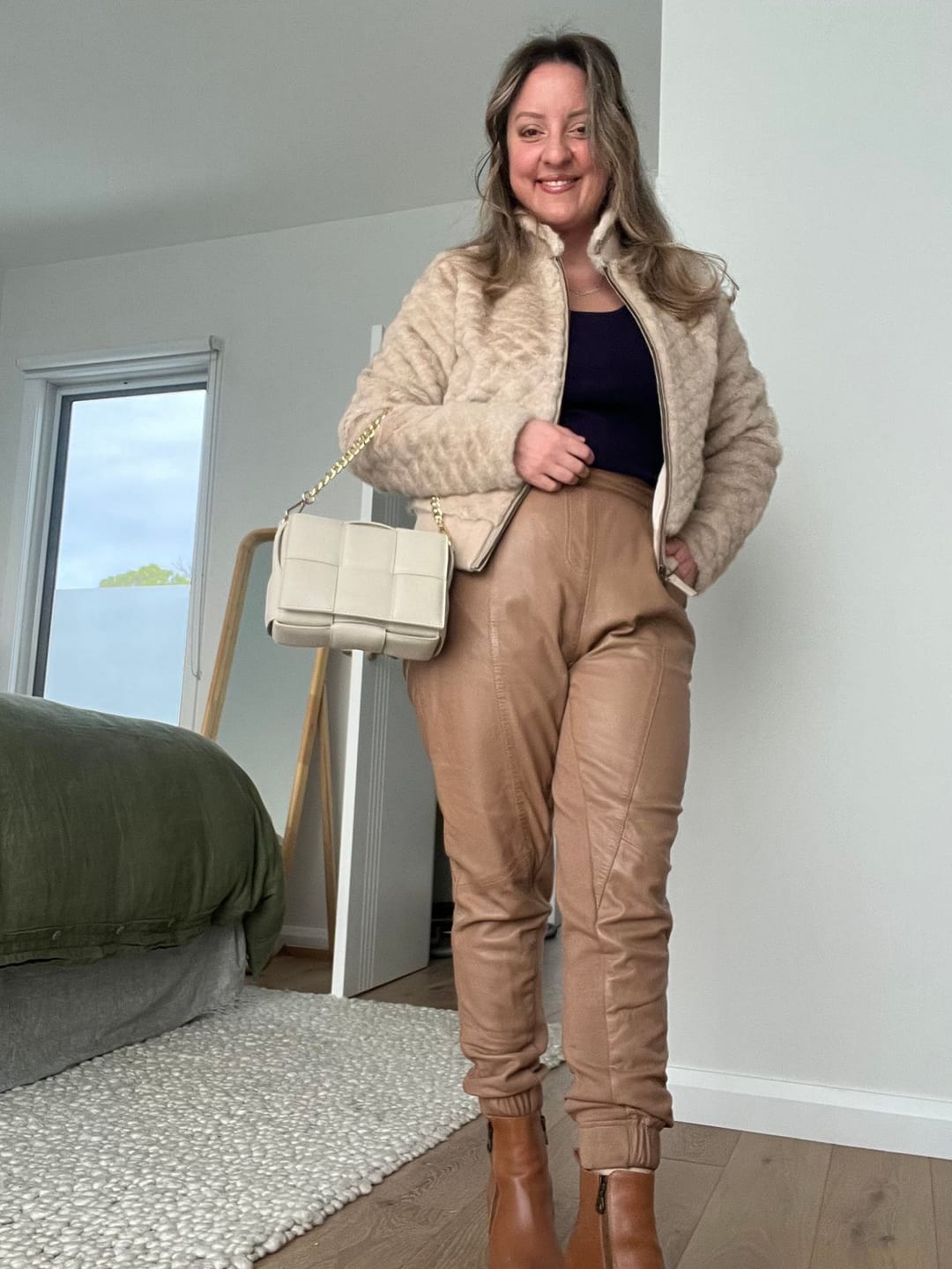 Customer photo review of Stella Faux Fur Bomber Jacket in Fawn