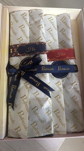Customer photo review of Pashtush His And Her Set Of Fine Wool and Printed Bamboo Stoles With Premium Gift Box Packaging, Beige and Black