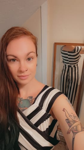 Customer photo review of Black 1960s Off-Shoulder Stripes Jumpsuit