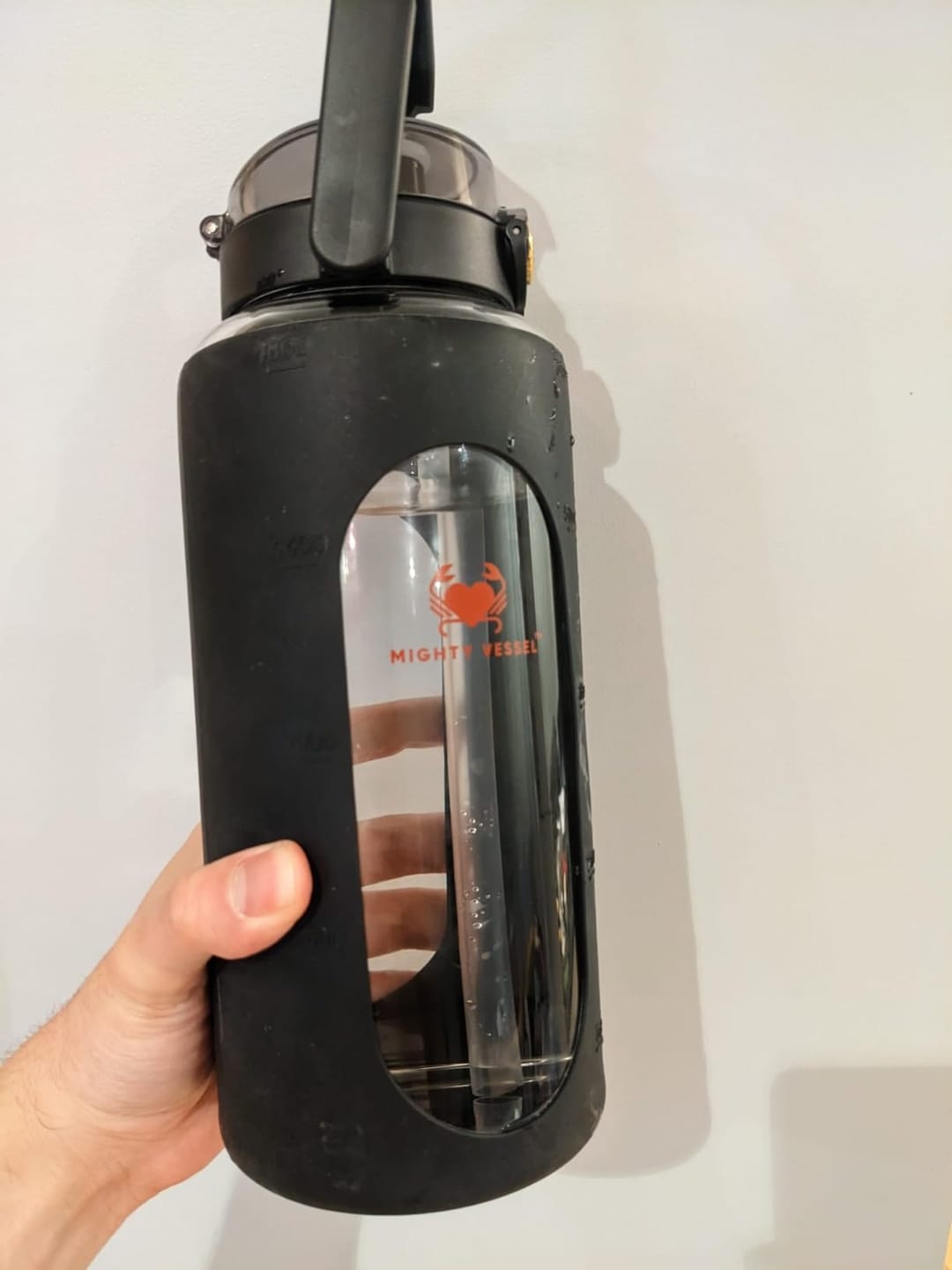 Customer photo review of MIGHTY VESSEL™ SHATTER-RESISTANT GLASS WATER BOTTLE | 64 OZ