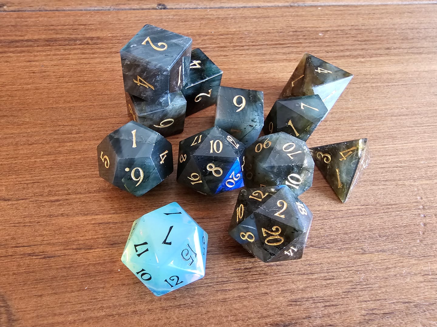 Customer photo review of URWizards D&D Labradorite Gemstone Engraved Dice Set