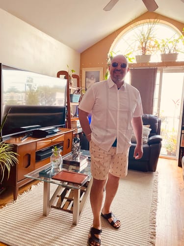 Customer photo review of Men's Hawaiian Cotton Linen Striped Short Sleeve Button Up Summer Beach Embroidered Shirt