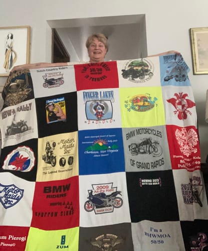 T-shirt quilt with motorcycling, biking themes by Patsy from PA