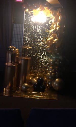 Customer photo review of Gold Shimmer Wall Panels – Easy Setup Wedding/Event/Theme Party Decorations