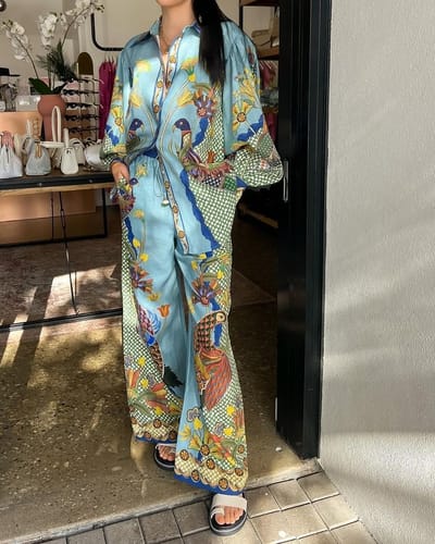 Customer photo review of Smyrna Unique Heaven Bird Print Elastic Waist Pocketed Wide Leg Pants