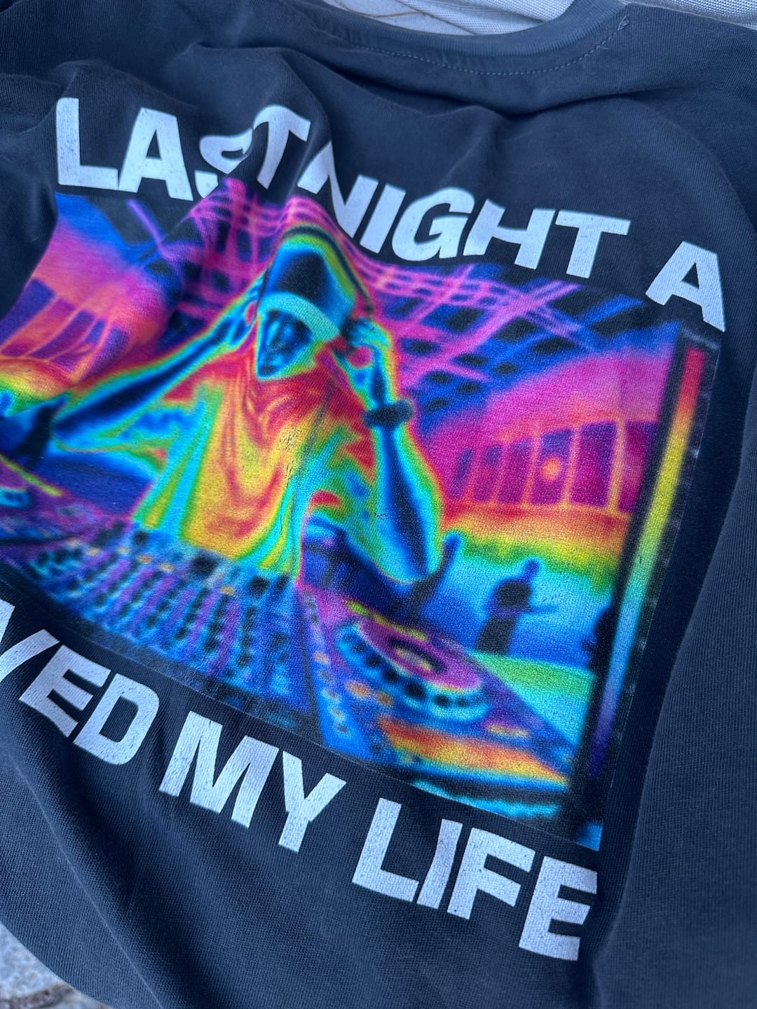 Customer photo review of NATZ Clothing! "Last night a Dj saved my life" Oversized Shirt (Backprint)