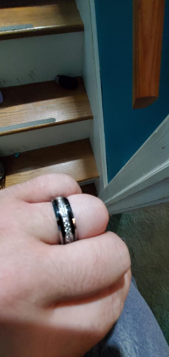 Customer photo review of 8MM - TUNGSTEN WEDDING BAND Polished Edges CUBIC ZIRCON BEVELED EDGE