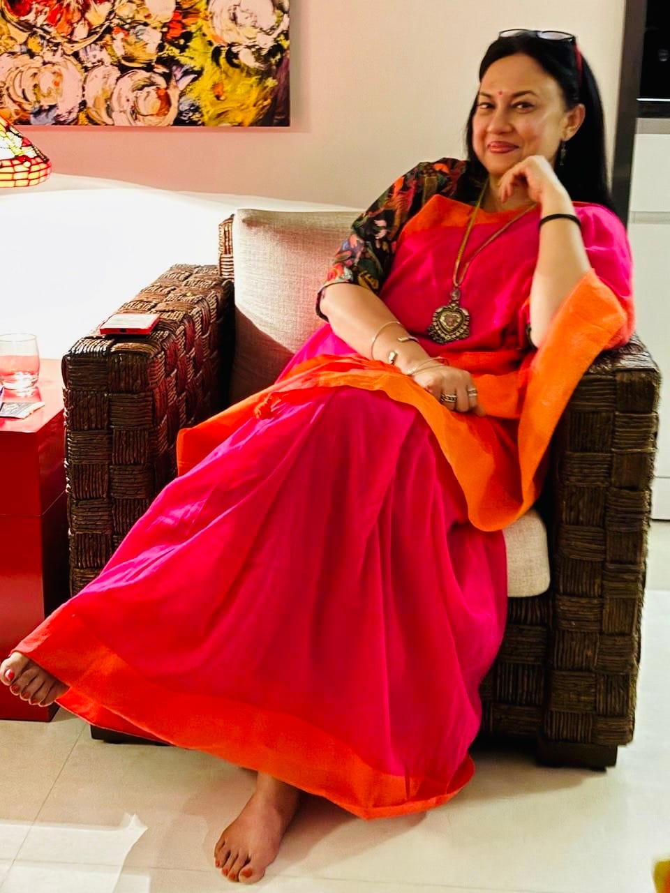 Customer photo review of Pink Orange Soft Cotton  Saree