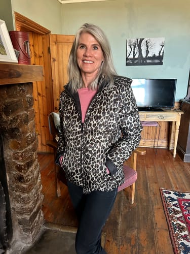 Customer photo review of Reversible Classic Leopard/ Black Duck Down Puffer Jacket
