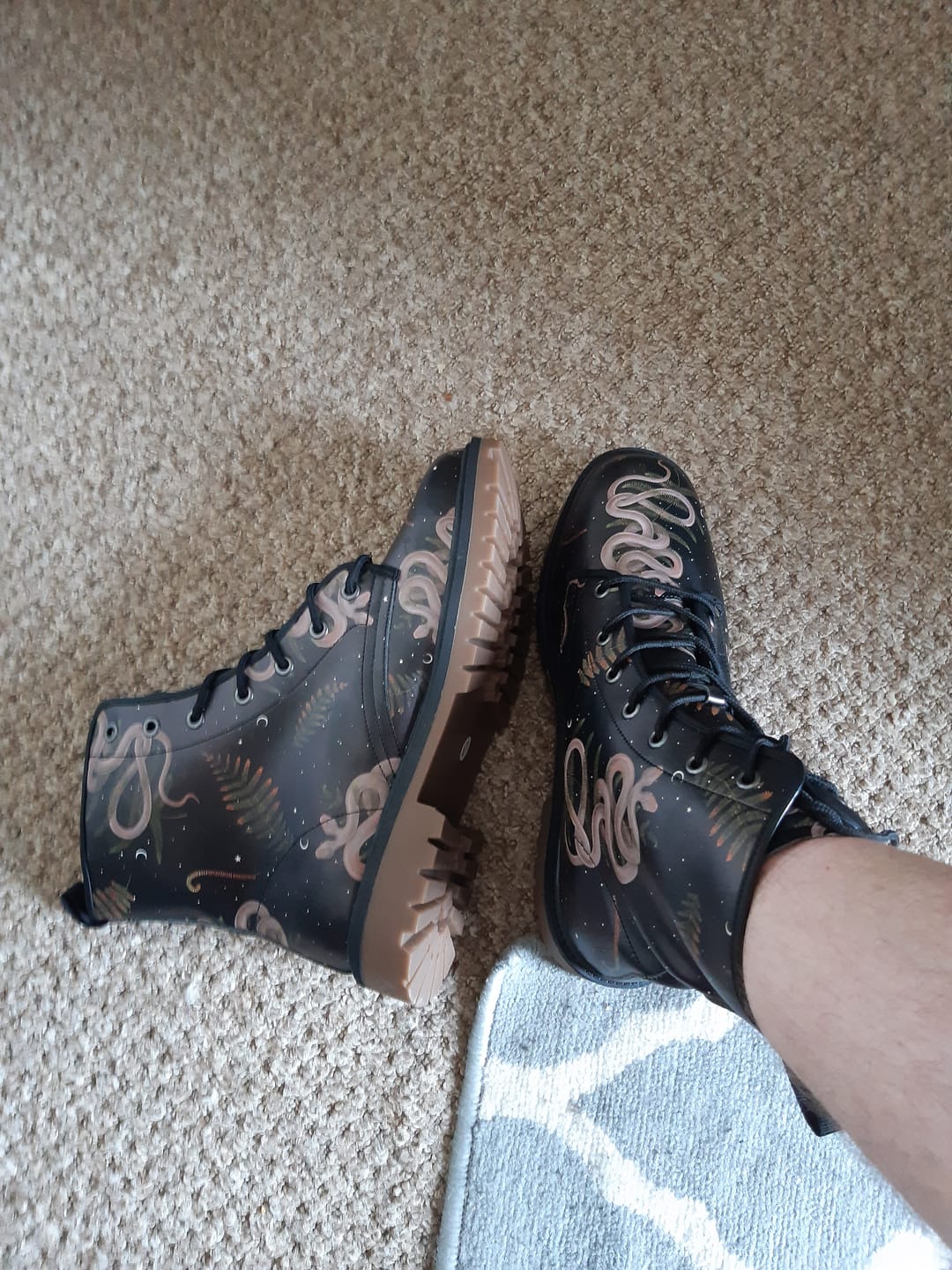 Customer photo review of Snakes and Ferns in Starry Night in Black Vegan Leather Combat Boots