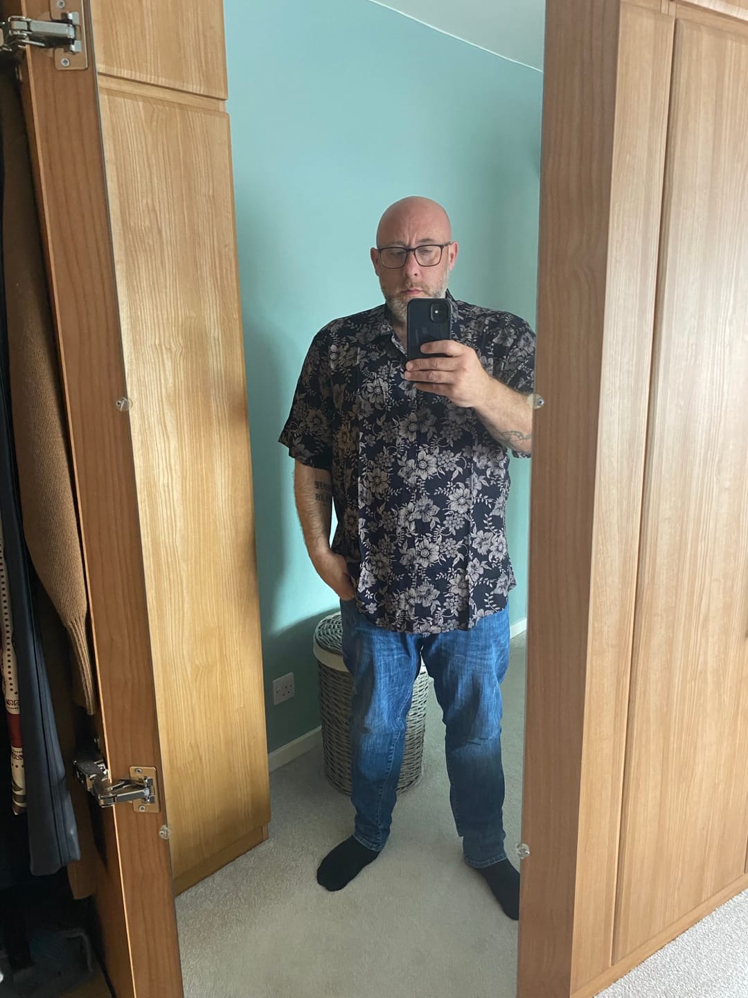 Customer photo review of Men's Floral Print Vintage Flower Holiday Breathable Button Up Navy Blue Hawaiian Short Sleeve Shirt