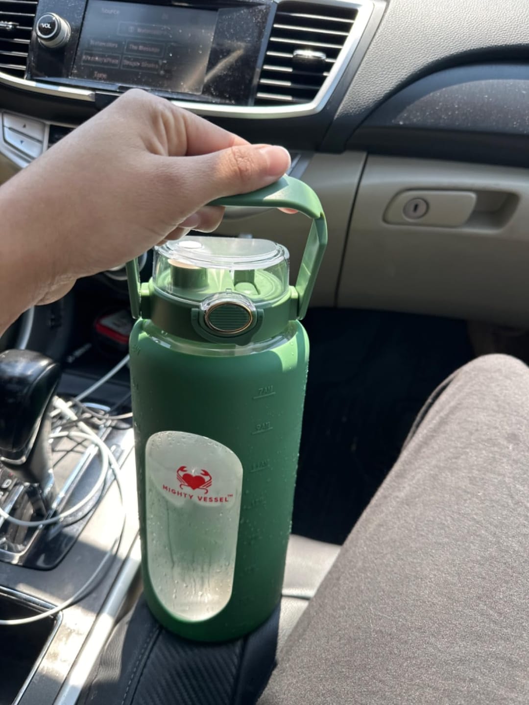 Customer photo review of MIGHTY VESSEL™ SHATTER-RESISTANT GLASS WATER BOTTLE | 64 OZ