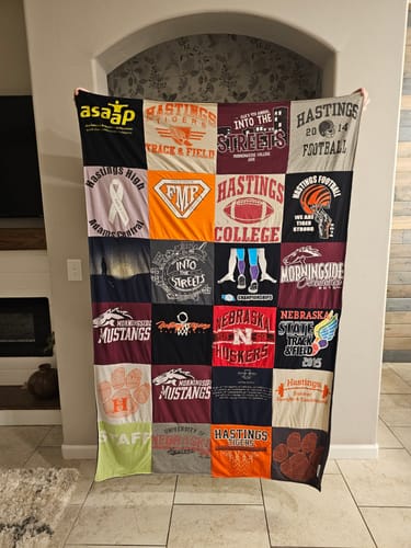 T-shirt quilt featuring nebraska huskers, morningside mustangs by Angela from AZ