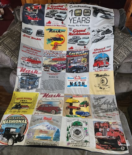 T-shirt quilt with classic cars, car shows themes by Derah from NY