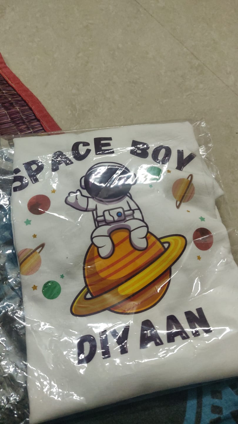 Customer photo review of Space Boy With Custom Kid Name - Kids Tee