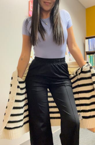 Customer photo review of EMERSON Soft Periwinkle Wide Leg Knit Pant - LONG