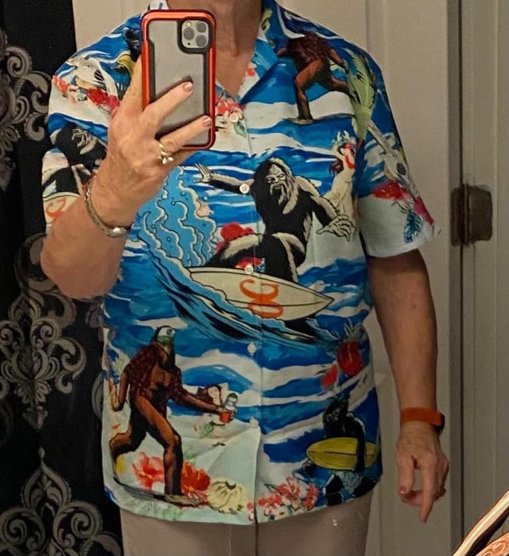 Customer photo review of bigfoot surfing hawaiian shirt