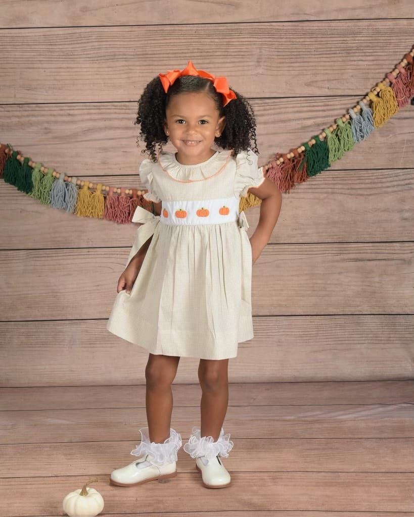 Customer photo review of Pumpkin French Knot Tan Gingham Beverly Dress