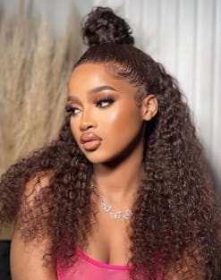 Customer photo review of Chocolate #4 Brown Deep Wave Glueless Wigs HD Transparent Lace Front Wigs