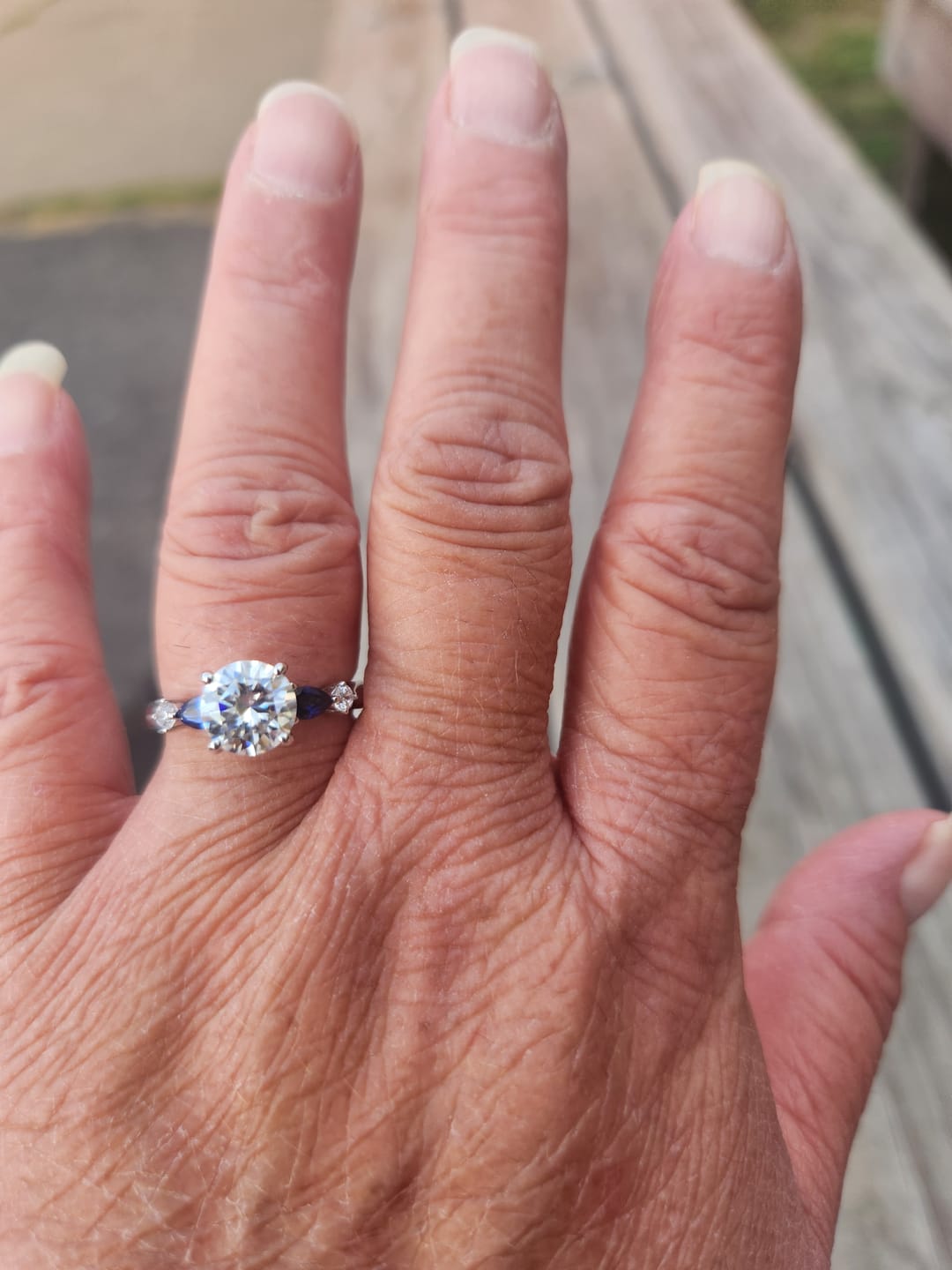Customer photo review of Five Stone Moissanite And Sapphire Engagement Ring