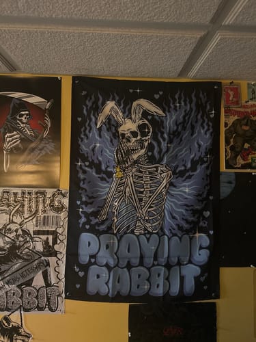 Customer photo review of Praying Rabbit (Blue Fire Wings) Tapestry 33"