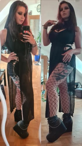 Customer photo review of Sleeveless hoodie low cut slit self tie turtle neck see through maxi dress