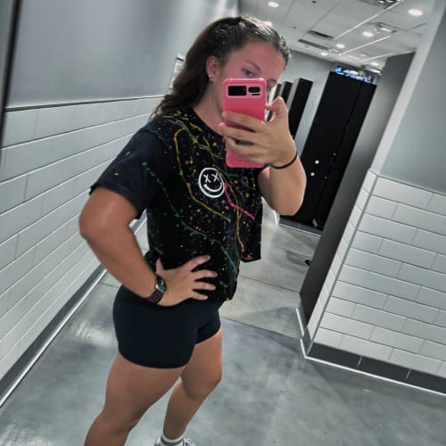 Customer photo review of Salty Savage Ladies "OG Smile" Paint Splatter Crop Tee | Basic