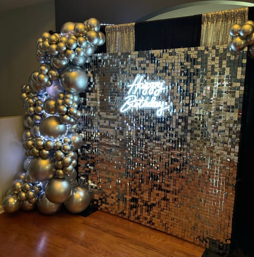 Customer photo review of Silver Shimmer Wall Panels – Easy Setup Wedding/Event/Theme Party Decorations