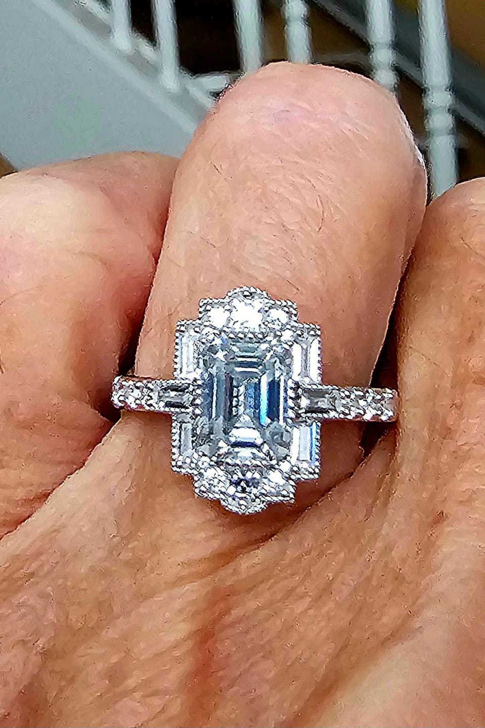 Customer photo review of Art Deco Emerald Cut Moissanite Milgrain Engagement Ring