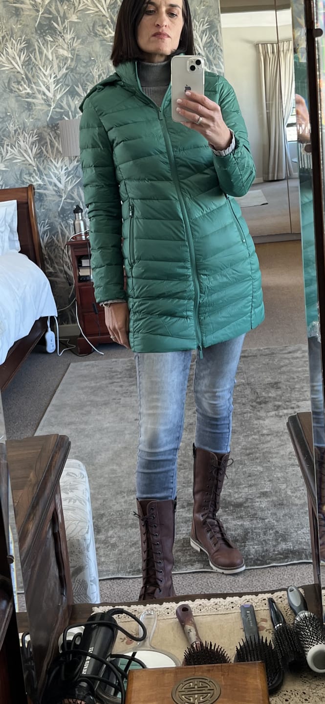 Customer photo review of Game Day Green Duck Down Puffer Coat