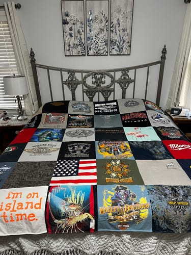 T-shirt quilt with motorcycles, beach themes by Shelley from GA